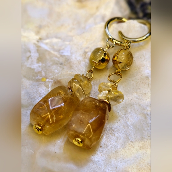 Large Natural Citrine Chunky Nuggets In Long 18K Gold Plated Earrings - Picture 4 of 9
